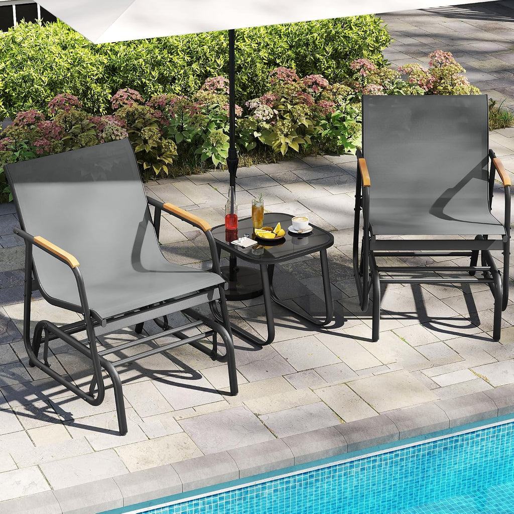 3 Piece Patio Glider Set, Textilene Gliders Outdoor Furniture Grey | Heavy-duty Patio Glider Set w/Breathable Fabric