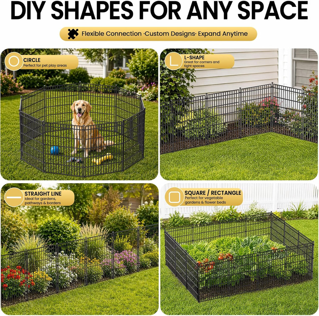 10 Panels No Dig Garden Fence with Gate, 34in(H) × 22.5ft(L) Decorative Metal Outdoor Dog Fence, Rustproof Pet