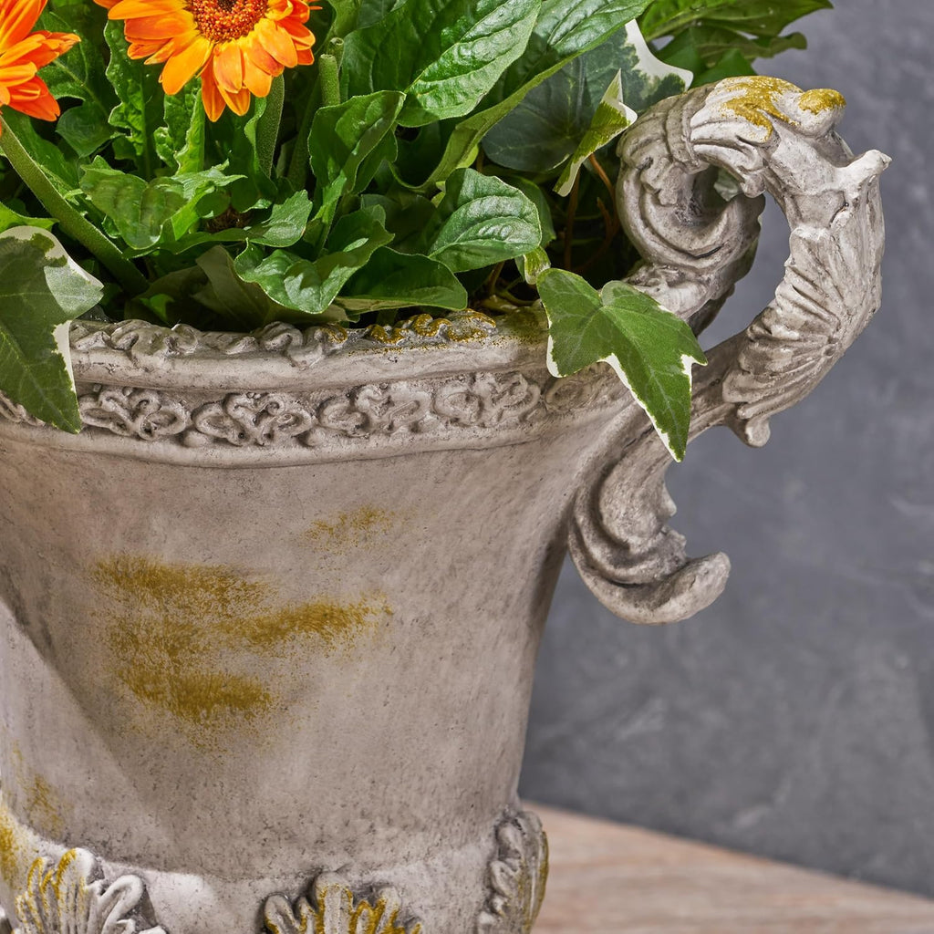 Jorine Patio Planter, Light Concrete Planter, Mid-Centry Gadern Urn, Floral Relif Design Plant Pot, Large Garden Pot