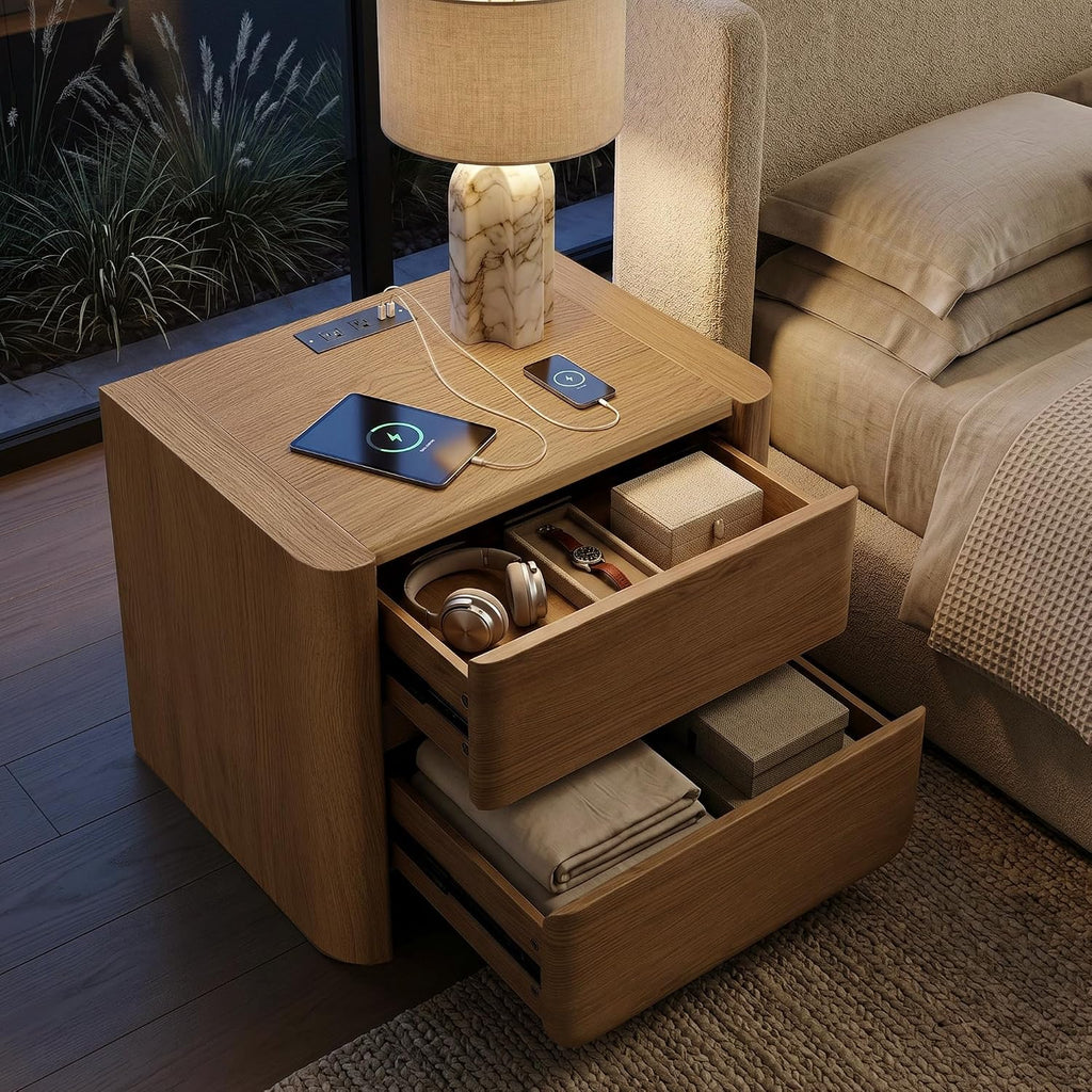 26" Nightstand with Charging Station, Large Bedside Table with 2 Handleless Storage Drawers,2.4" Thick Panel Legs &