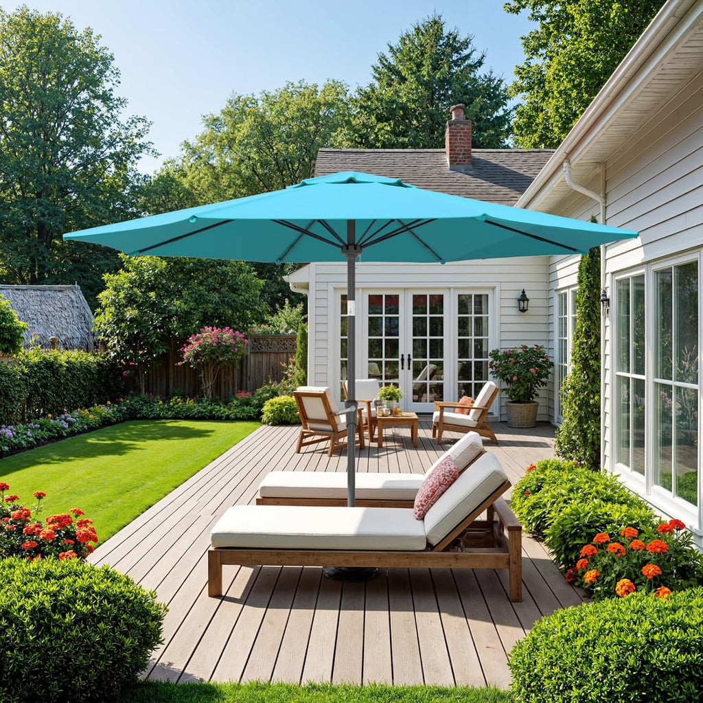 Outdoor Patio Umbrella, Table Umbrella with Push Button Tilt and Crank, 8 Ribs Market Umbrella - Blue-fiberglass Ribs