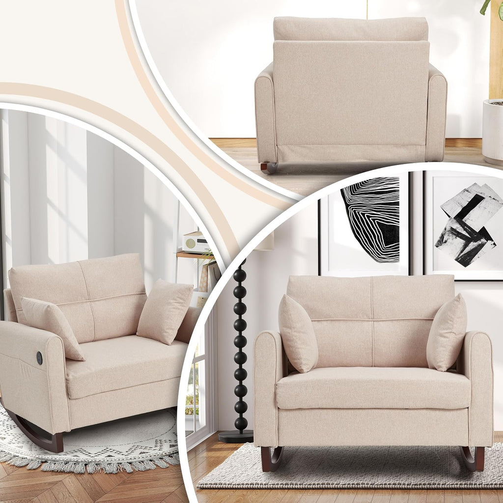 Rocking Chair, Upholstered Nursery Rocking Chair with High Back and Side Pocket USB Port, Double Wide Rocker Glider