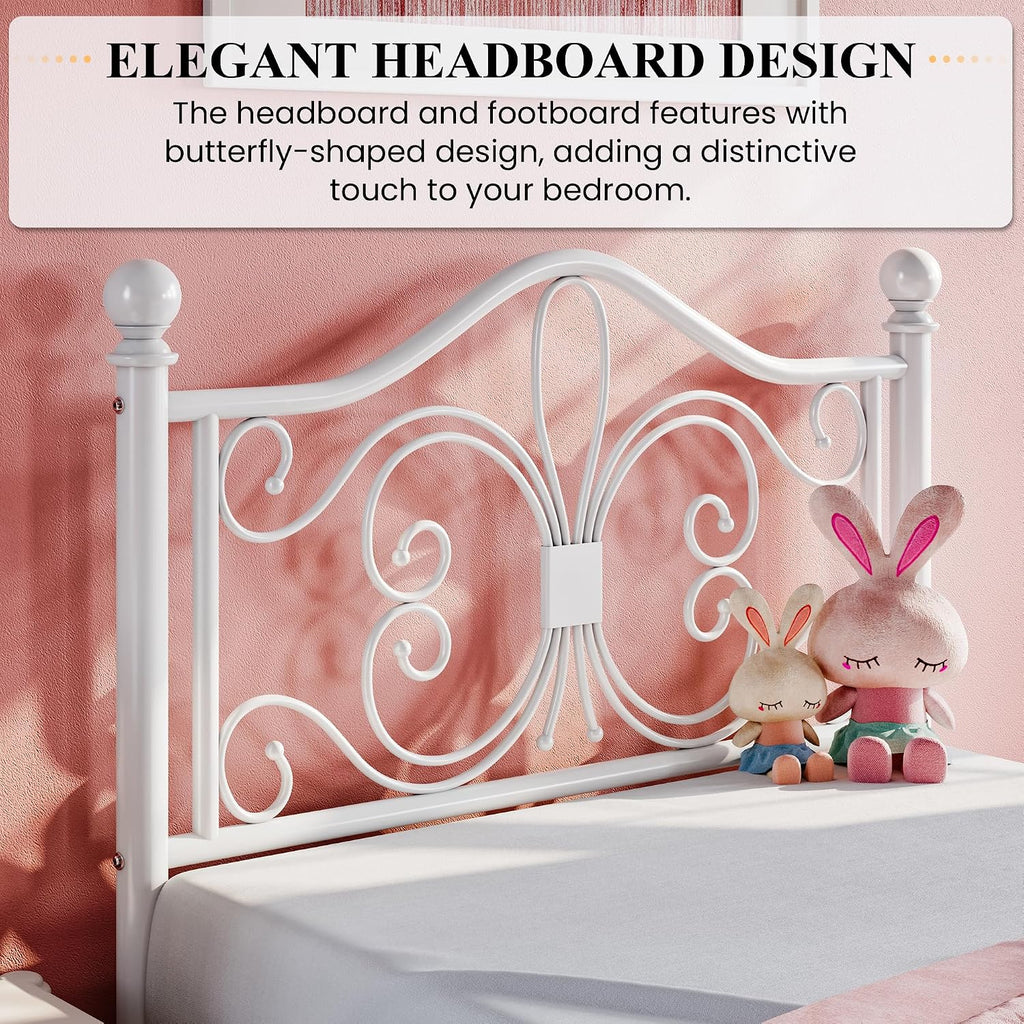 Twin Size Bed Frame for Kids,Metal Bed Frame with Butterfly Pattern Design Headboard & Footboard,No Box Spring