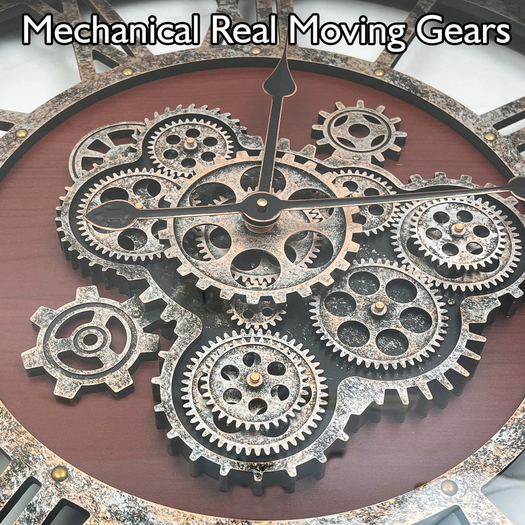 27" Original Moving Gears Wall Clock, Large Industrial Wall Clock Decor, Retro Metal Wood Vintage Farmhouse Steampunk