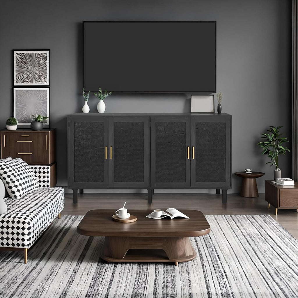 4 Door Sideboard Buffet Cabinet, Kitchen Storage Buffet with Black Painted Rattan Decorated Doors