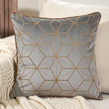 Grey Gold Plaid Geometric Throw Pillow Cover 20x20 Inch, Soft Velvet Embroidery Cushion Case Luxury Modern Square