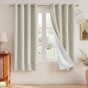 100% Blackout Linen Ivory Curtains 72 inch Length, White Liner Composite Grommet Bedroom Window Treatments Relax Home