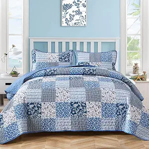 Boho Quilts Queen, Patchwork Floral Bedding Set, Blue - Set of 3