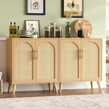 Set of 2 Rattan Storage Cabinet with 4 Doors & Solid Wood Legs | 59 Inch Sideboard with Adjustable Shelf , Floor