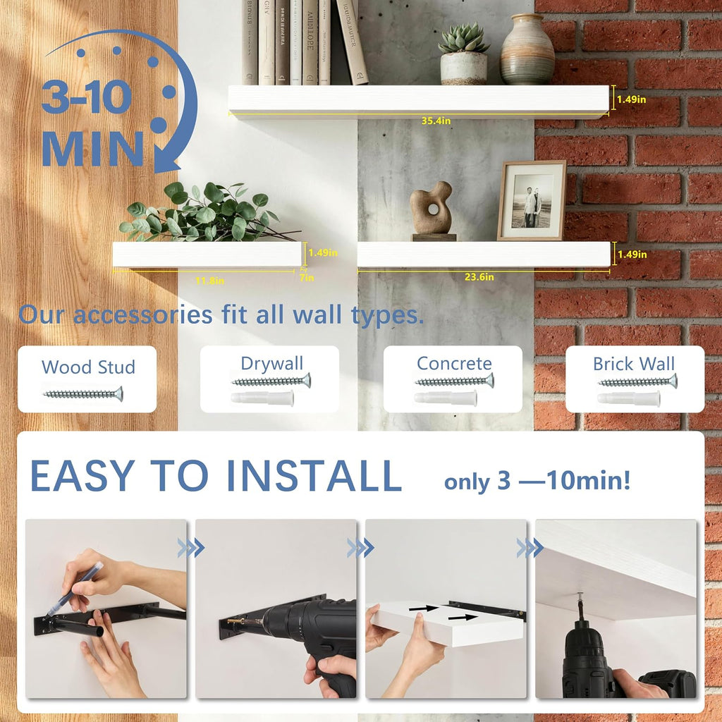 Floating Shelves, White Wooden Set of 3, 12" x 7" x 1.5" | Bathroom Shelves Over Toilet, Wall Mounted Hanging Shelves