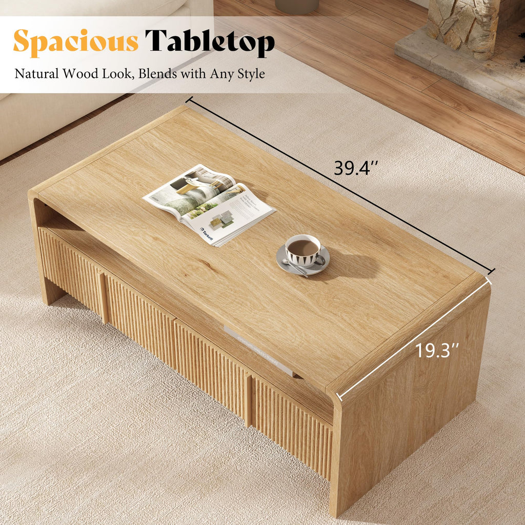 39.4" Fluted Coffee Table with 2 Drawers, Natural Oak