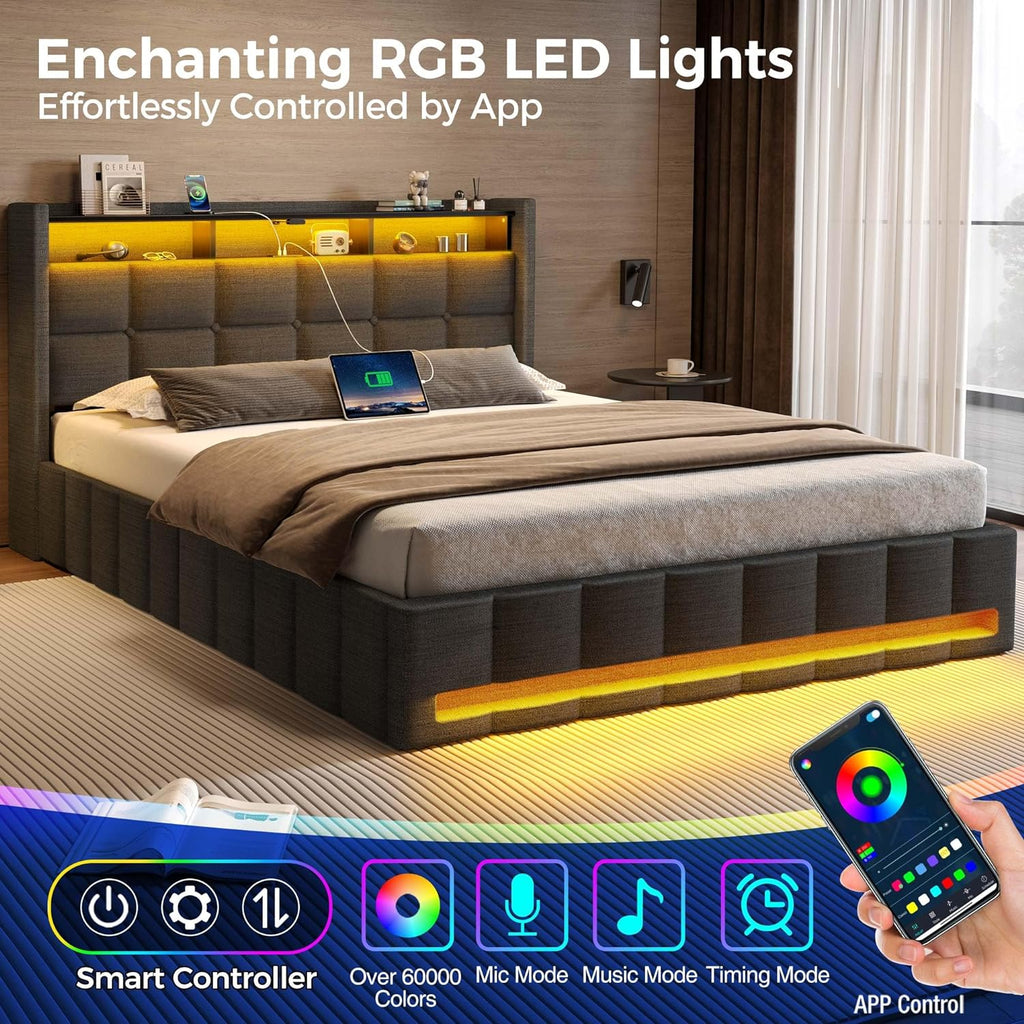 Bed Frame Full with Lift Up Storage, Charging Station & LED Lights, Upholstered Storage Headboard