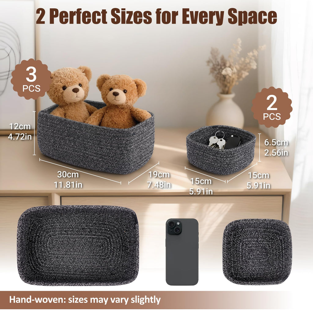 5-Pack Small Woven Rope Storage Baskets, 2 Sizes Organizer Bins