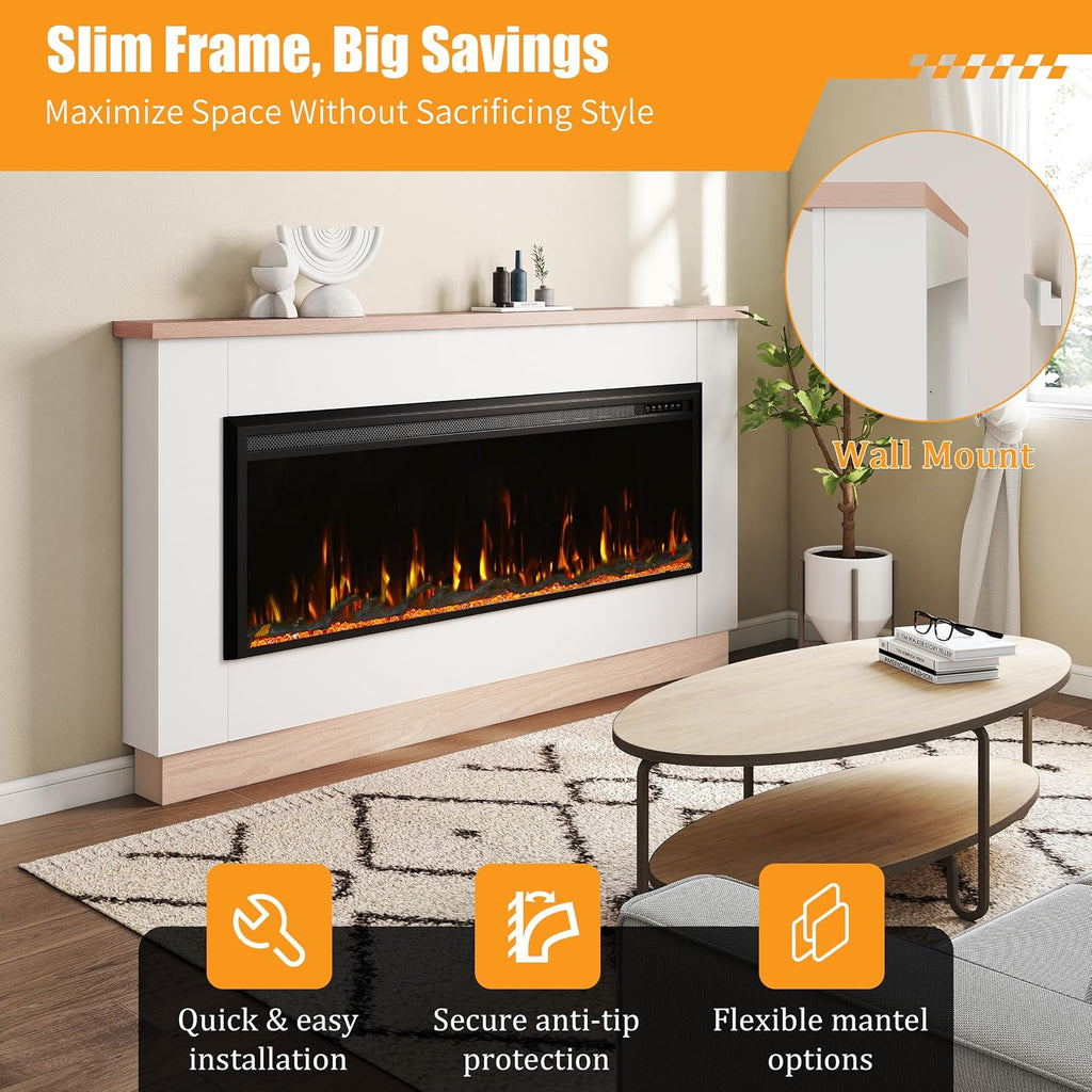 70" Electric Fireplace with Mantel for 60" Insert, Ultra-Thin 5.5" Surround, 750/1500W Heater with 12 Flame Effects