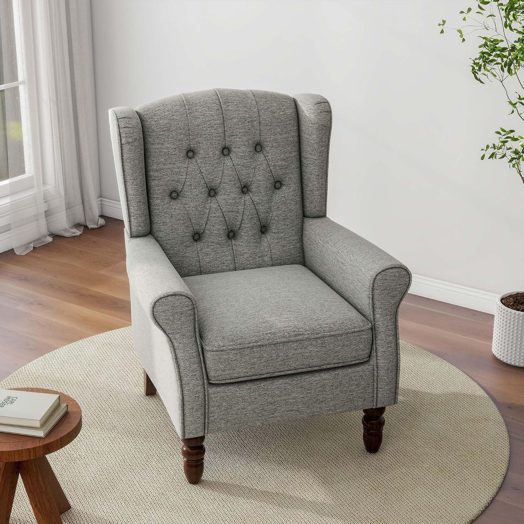 Button Tufted Wingback Accent Chair, Light Grey, Set of 1 | High Back with Side Wings | Armrest Nailhead Trim | Solid