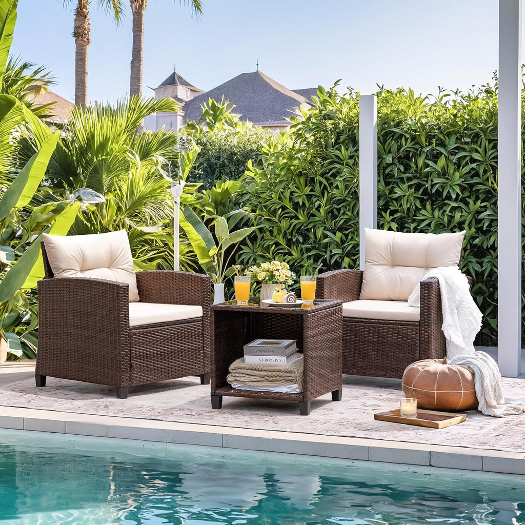 3 Pieces Patio Furniture Set, PE Rattan Wicker Patio Set with Two Outdoor Chairs and Table