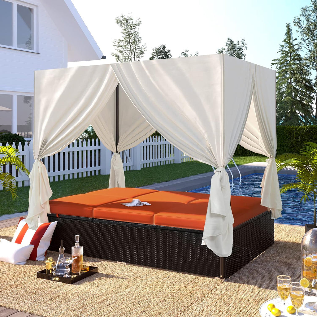 Patio Chaise Lounge, PE Rattan Outdoor Patio Wicker Sunbed Daybed with Adjustable Seats, Four-sided Canopy, Overhead