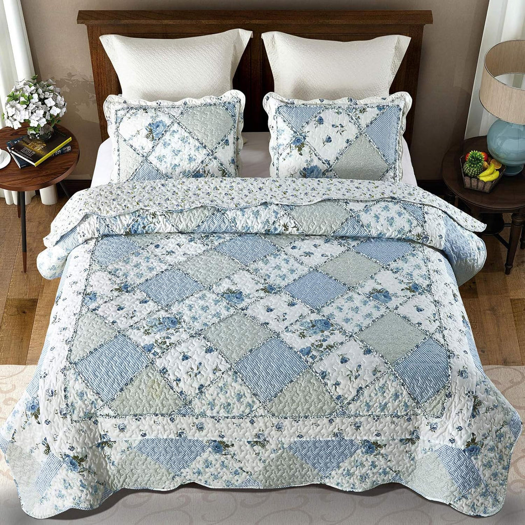 Blue Floral Patchwork Quilt Set, 3 Piece Bedding Set with 2 Pillowcases