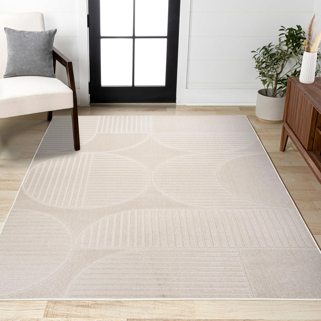 Nordby High-Low Arch Striped Ivory/Cream Indoor/Outdoor Area Rug, 8x10, Modern, Contemporary, Geometric, Bohemian