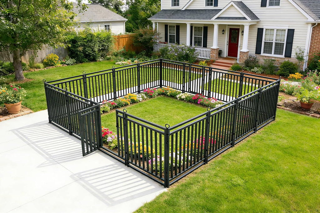 Decorative Garden Fence Metal Dog Fence Outdoor for Yard, 18ft (L) × 40in (H), 7 Panels + 1 Gate, Heavy Duty Animal