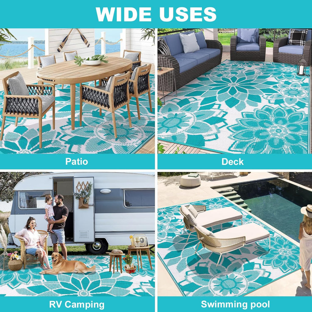 Outdoor Rug for Patio 9x12 ft Reversible Plastic Straw Patio Camping Rug, Floral Waterproof RV Mat f
