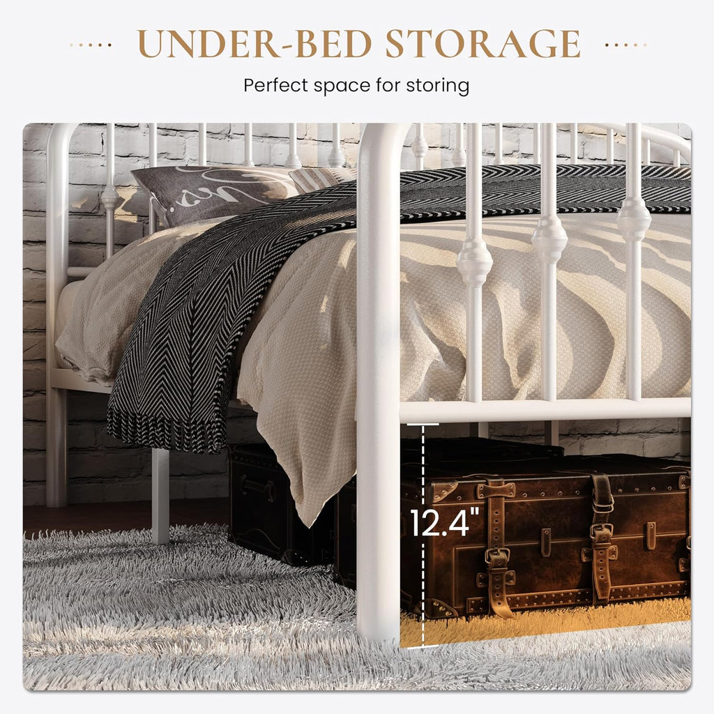 Queen Metal Platform Bed Frame with Victorian Style Wrought Iron-Art Headboard/Footboard, No Box Spring Required, White