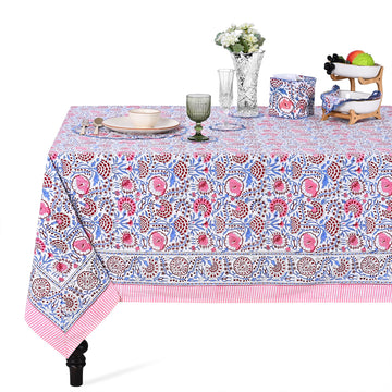 Blue & Pink Hand Block Print Square Tablecloth 60x60 Inch