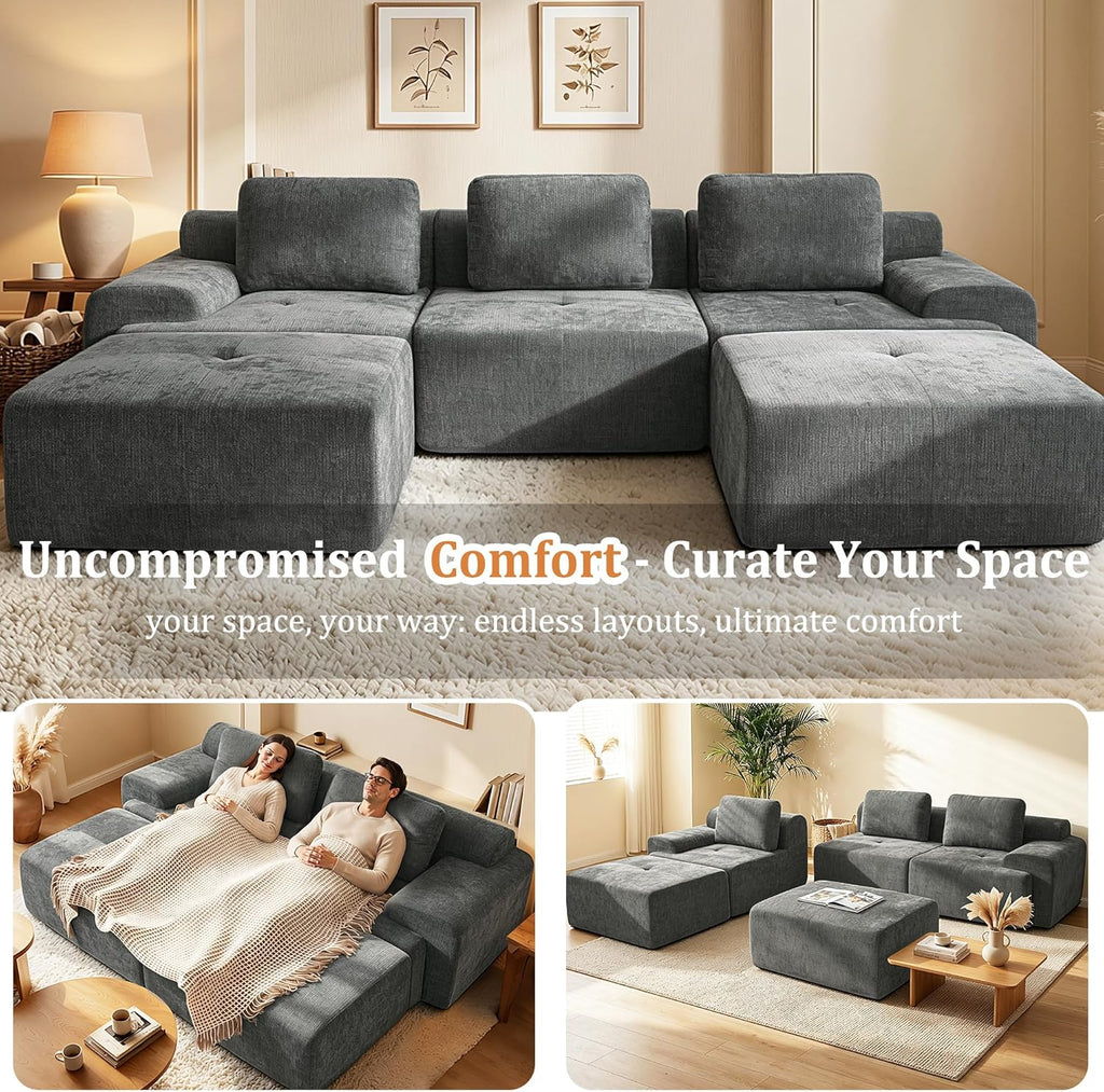 122" L-Shaped Oversized Boneless Couch Modular Cloud Sectional Sofa |Soft Chenille| High Back| Extra Deep Seat| Zero