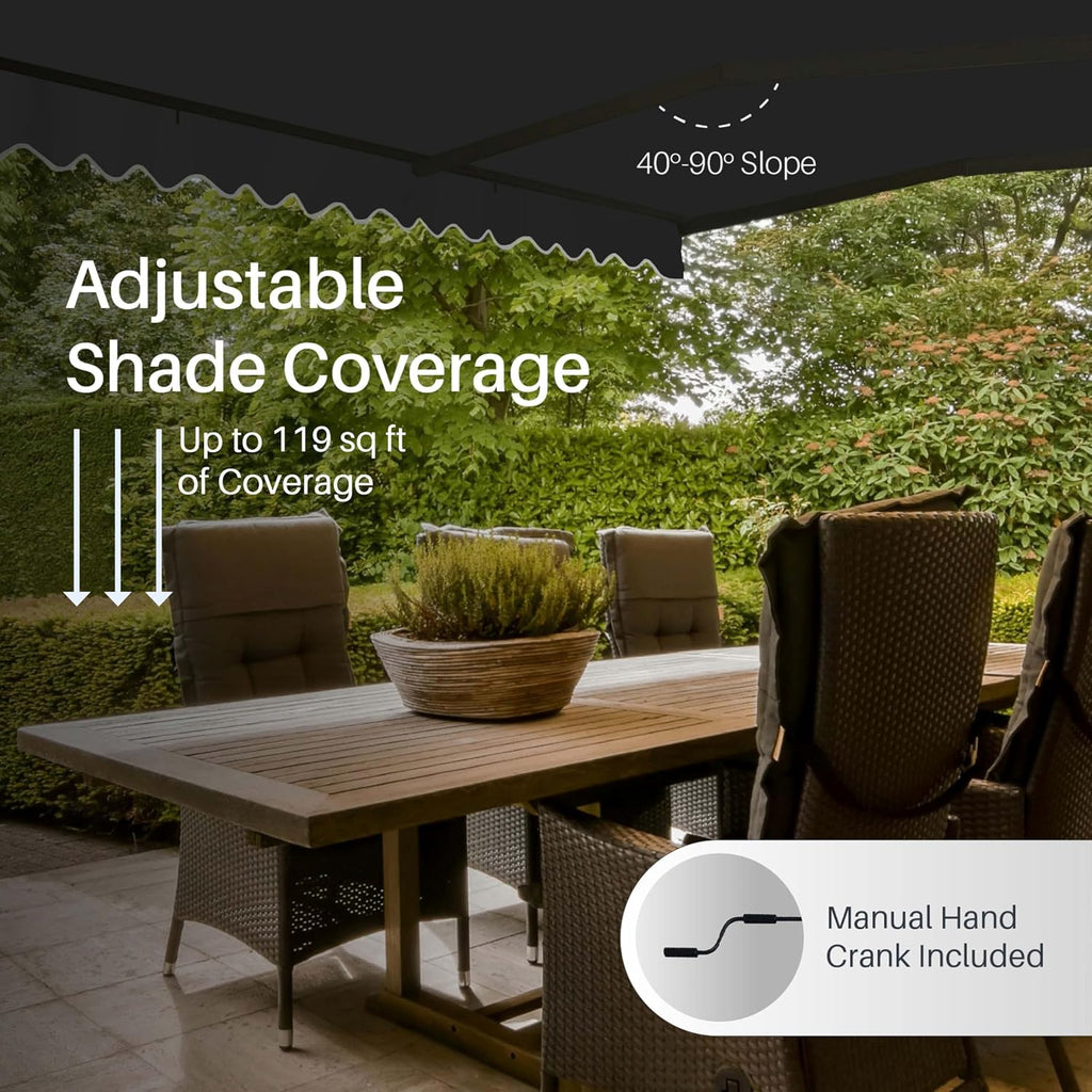 Manual Patio Awning with Black Frame, 13x10 Onyx Black | Hand-crank retractable sunshade, adjustable pitch