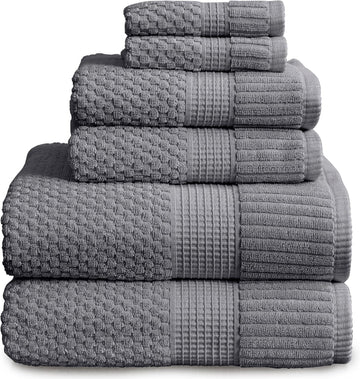 100% Cotton 6-Piece Bath Towel Set | Grey | Oeko-TEX | Quick-Dry | 30" x 52" Bath Towels | 16" x 28" Hand Towels |