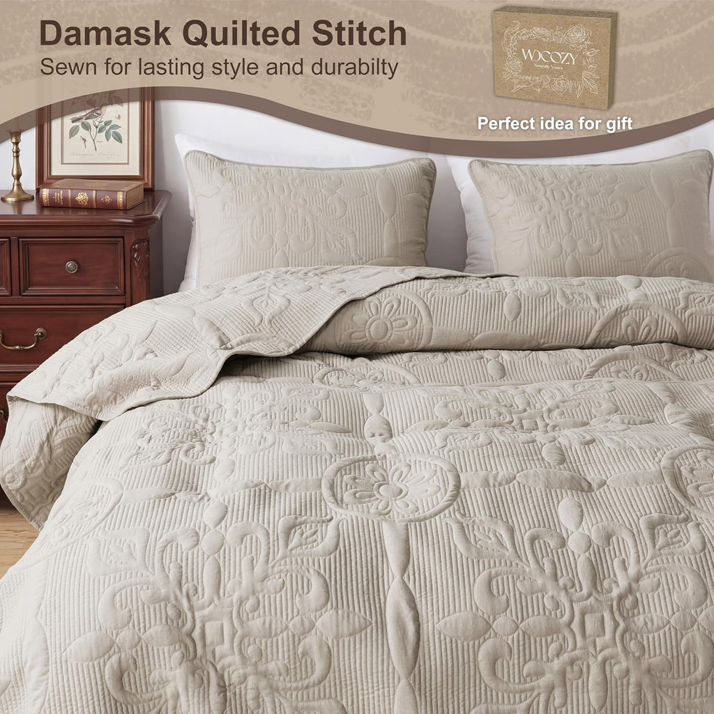 Beige Damask Quilt Bedding Sets with 2 Pillow Shams, Boho Bedspread Lightweight Soft Farmhouse Vintage Bohemian