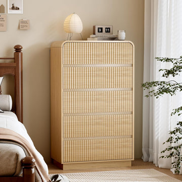 Natural Oak Dresser Fluted Tall 5 Drawer Dresser , Wood Chest of Drawers with Hidden Handles & Rounded Corners