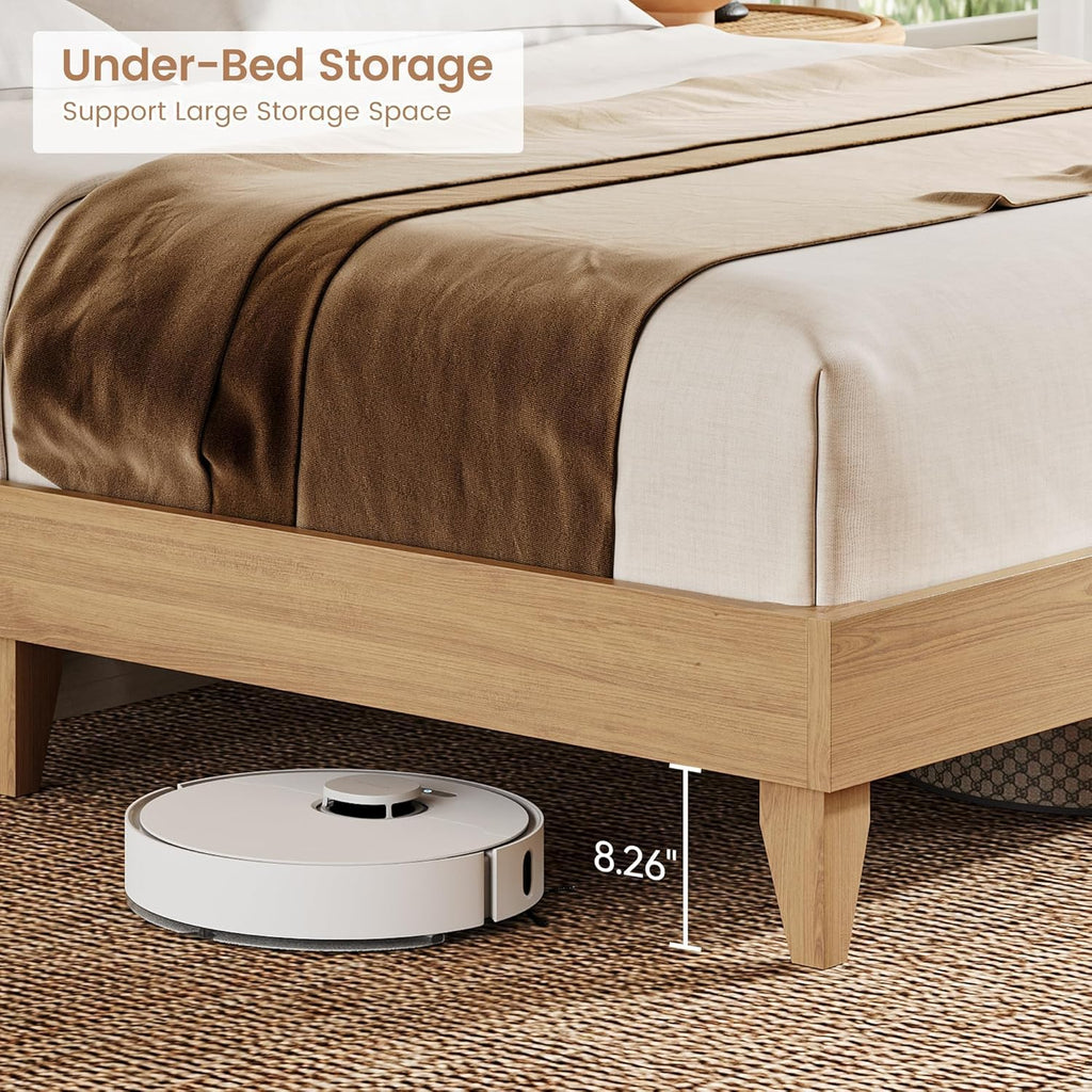 Queen Solid Wood Bed Frame with Storage Headboard, Rattan Upholstered Bookcase Headboard with Sliding Doors &