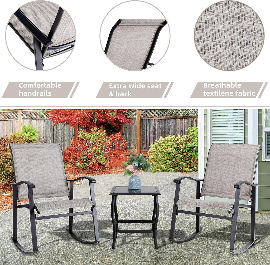 3 Piece Outdoor Rocking Bistro Set, Textilene Fabric Small Patio Furniture Set, Front Porch Rocker Chairs