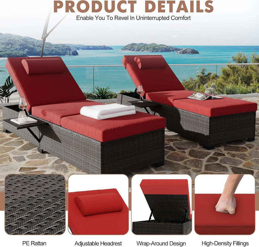 2Piece Outdoor PE Wicker Chaise Lounge Chairs, Pool Lounge Chairs Adjustable Backrest Recliners