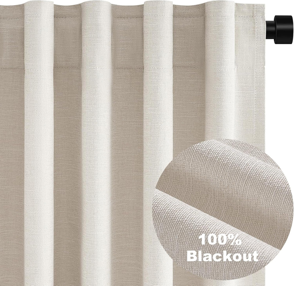 100% Blackout Linen Curtains 72 Inch Long Ivory Blackout Cream White Curtains, Pinch Pleated Back Tab Sun Blocking
