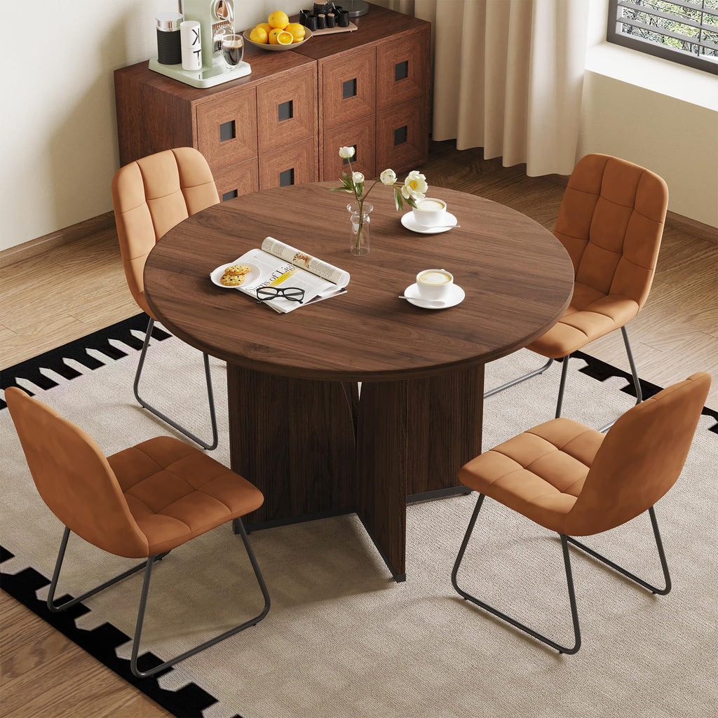 Modern Round Dining Table Set for 4, 39.4" Walnut Kitchen Table with 4 PU Leather Chairs, 5-Piece Mid-Century Dining