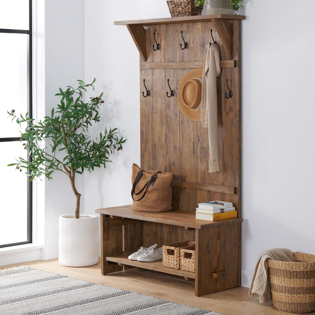 Bethel Rustic Solid Wood Entryway Hall Tree with Bench, Natural