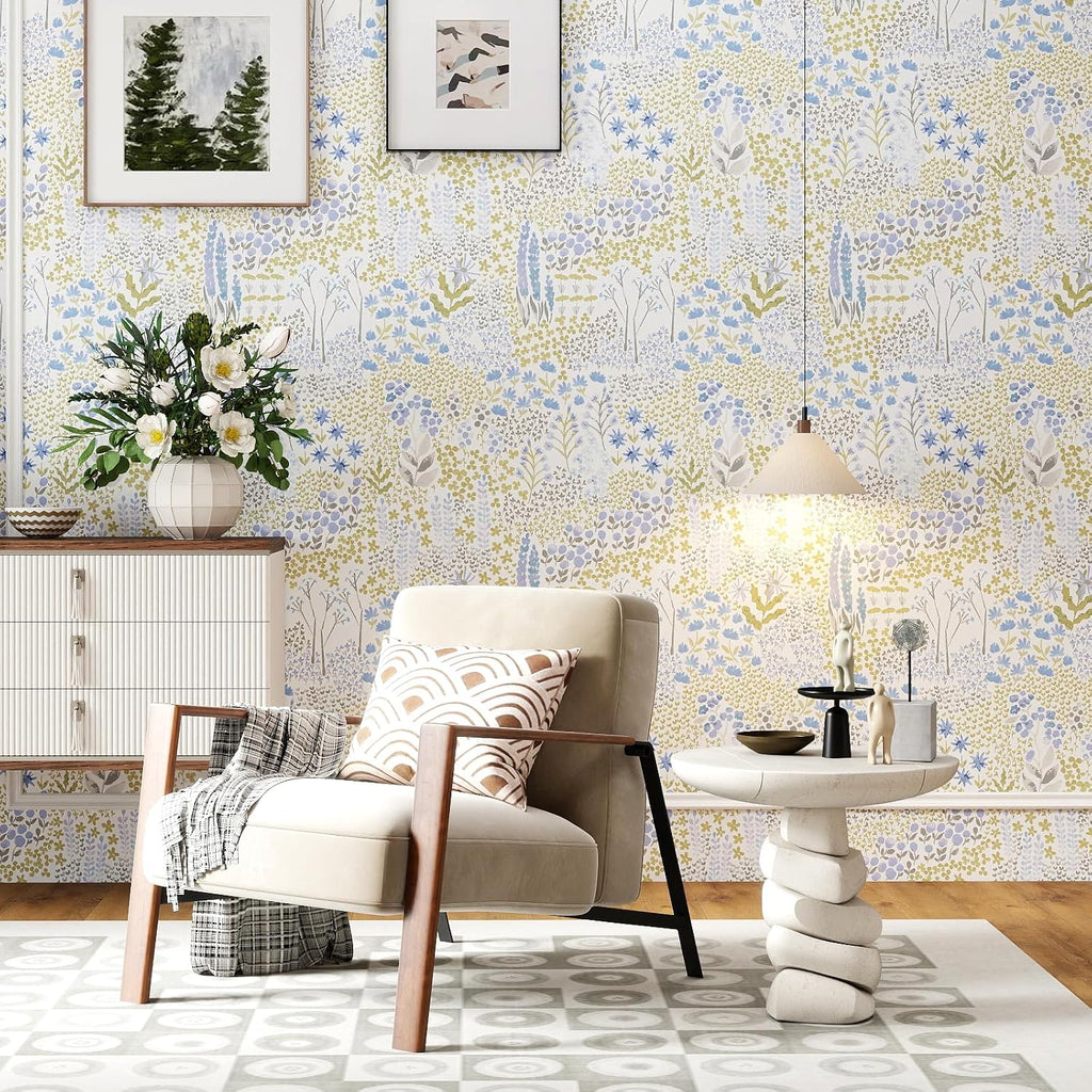 Boho Floral Peel and Stick Wallpaper, Wildflower Patchwork Removable Self Adhesive Wallpaper, Neutral Botanical Vinyl