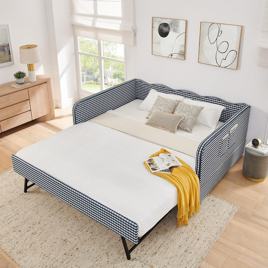 Full Size Upholstered Gingham Daybed with Trundle, Full to King Design Adorable Wave Shaped Extendable Sofa Bed, Easy