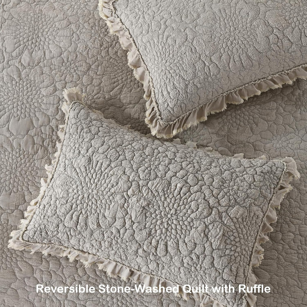 Beige Ruffled Quilt, Stone-Washed Microfiber Lightweight Crinkled Farmhouse Rustic Shabby Chic Bedding Set, 3