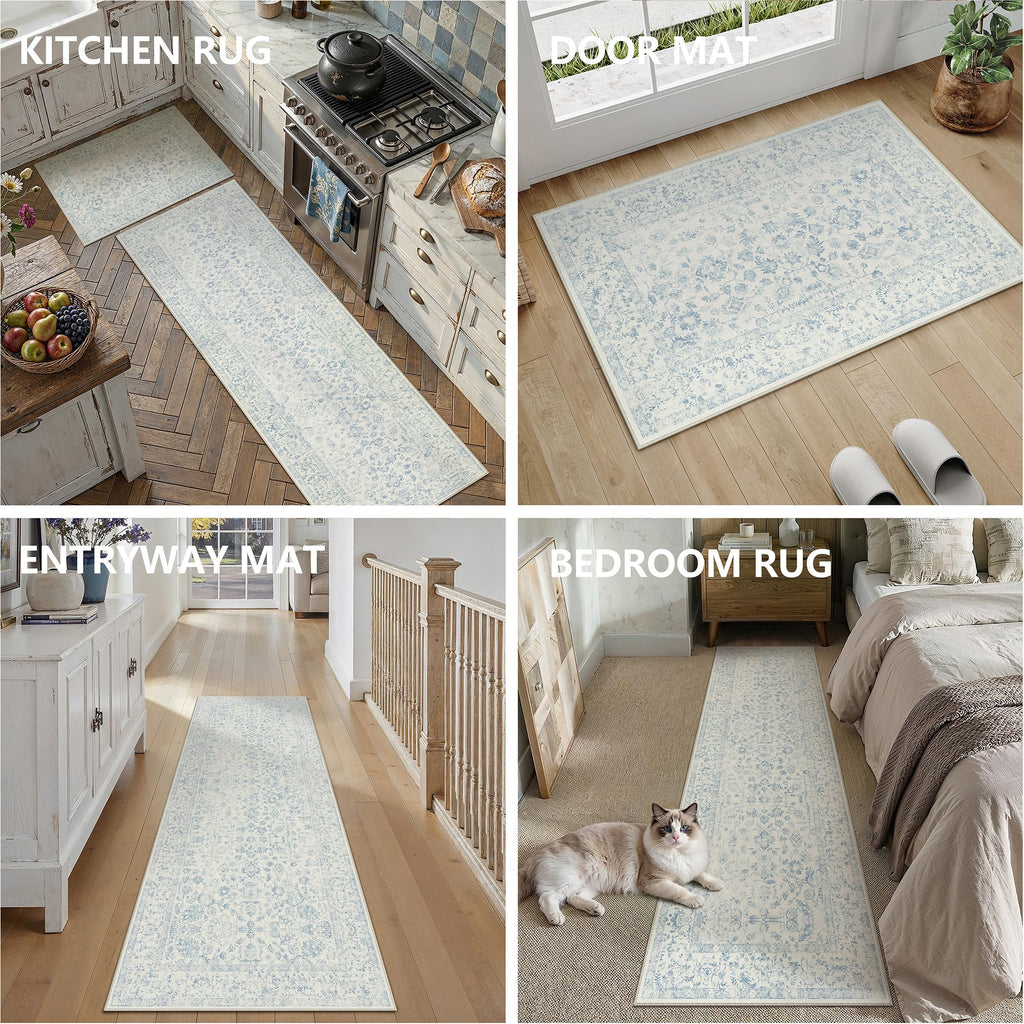 2'x6'+2'x10' Blue 2-Piece Kitchen Rug Set with Runner