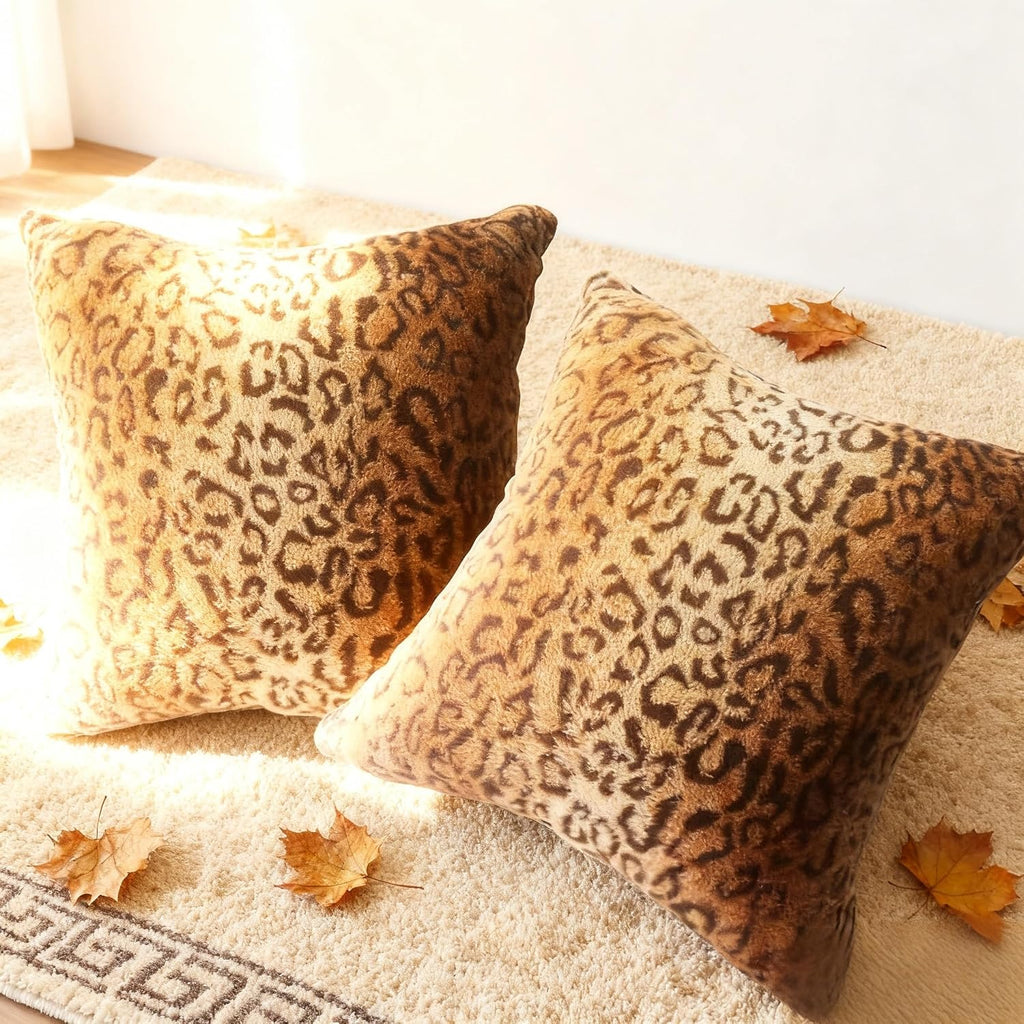 Faux Fur Throw Pillows, Set of 2 Decorative Square Couch Pillow Covers, Leopard Cheetah Print Luxury Soft Plush