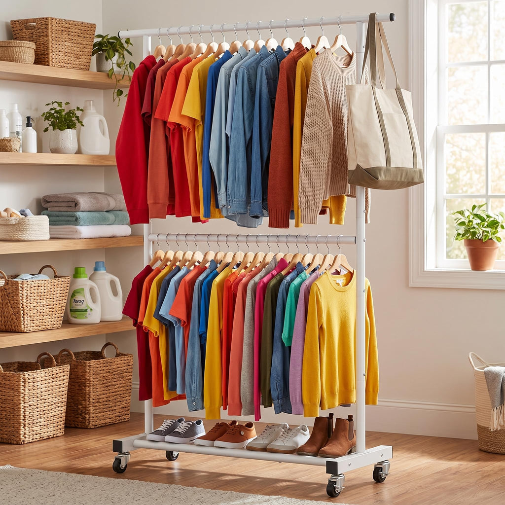 Double Rod Metal Clothing Garment Rack on Wheels, White