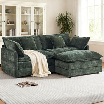 76.7" W Green Deep Seat Cloud Loveseat Sofa Sectional Couch, Chenille 2 Seat L Shaped Modular with Ottoman Chaise Set