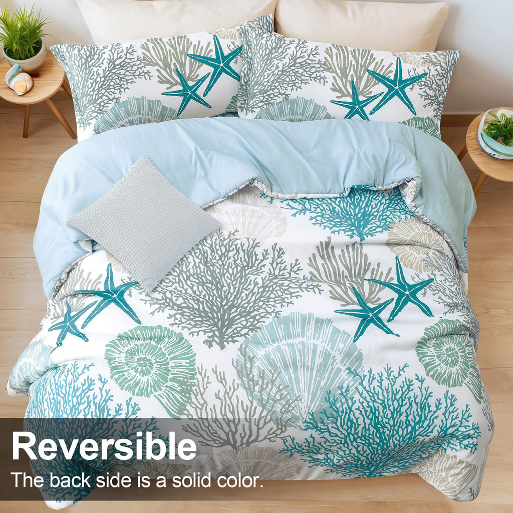 Coastal Comforter Set Queen Size 3 Piece, Soft Beach Themed Comforter, Ocean Nautical Lightweight Bedding Sets for