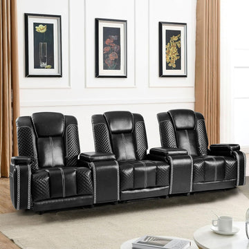 Recliner Chair Set of 3 Theater Seating Breathable Leather Sofa, Suitable Living Room Home Black