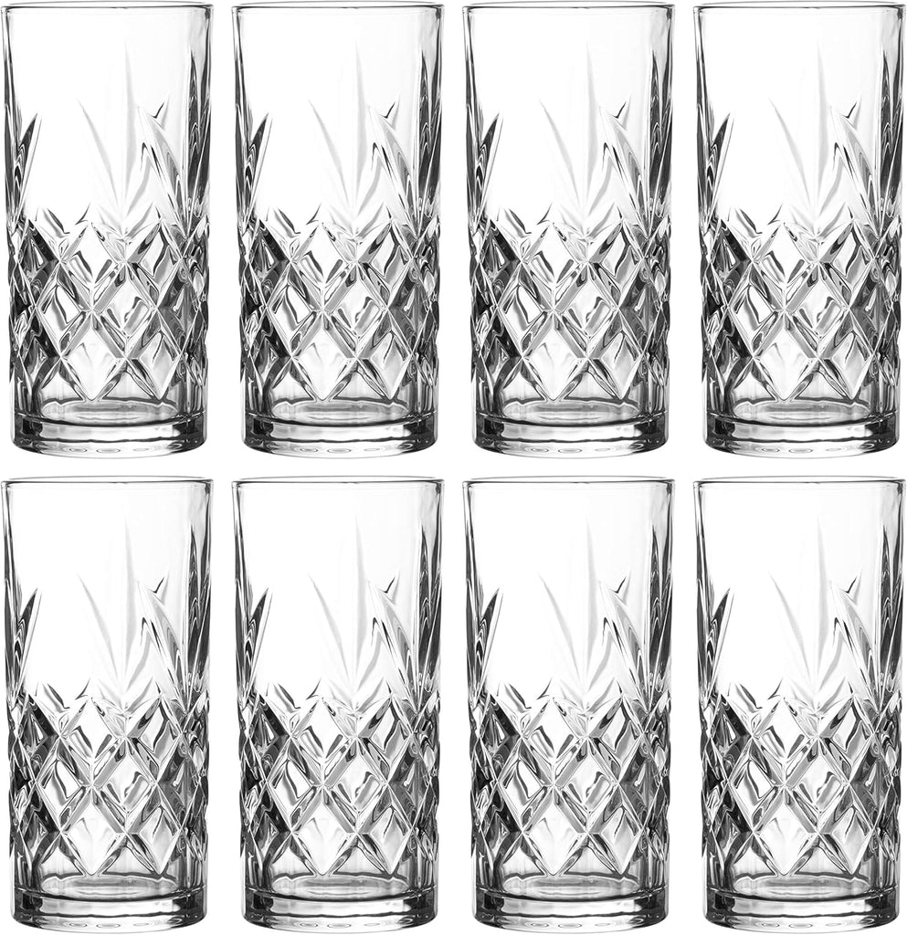 Kinsley Tall Highball Glasses Set of 8, 12 Ounce Cups, Textured Designer Glassware for Drinking Water, Beer, or Soda