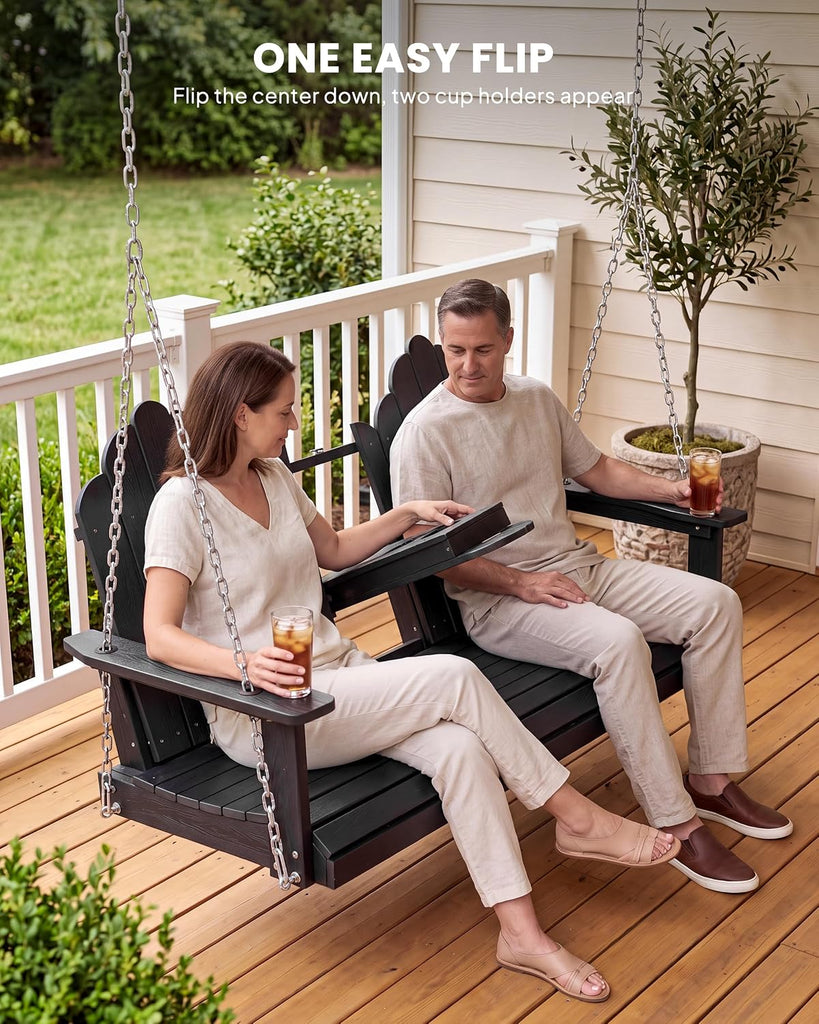 3 Seat Porch Swing with Tray, HDPE Wood Gra Swing, Black | Fits a family or three adults; fold-down center console
