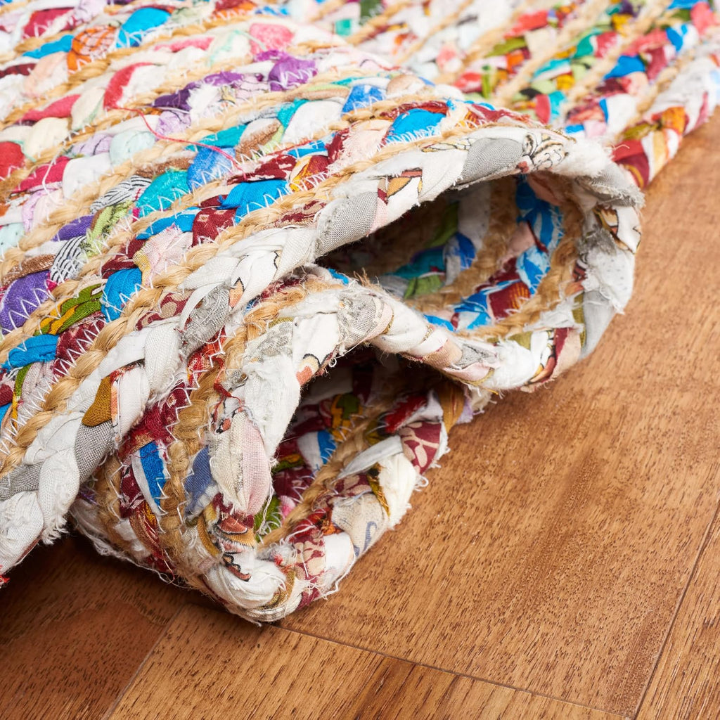 Cape Cod Round Rug 4', Jute Braided Beige & Multicolored CAP202B | 1/4" Pile, Indoor Rug, Handwoven, Braided Jute &